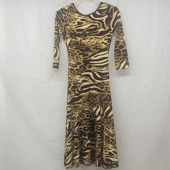 Jungle Animal Print Midi Dress Tan Black stretch 3/4 long sleeve v neck Rouched - Picture 5 of 11
